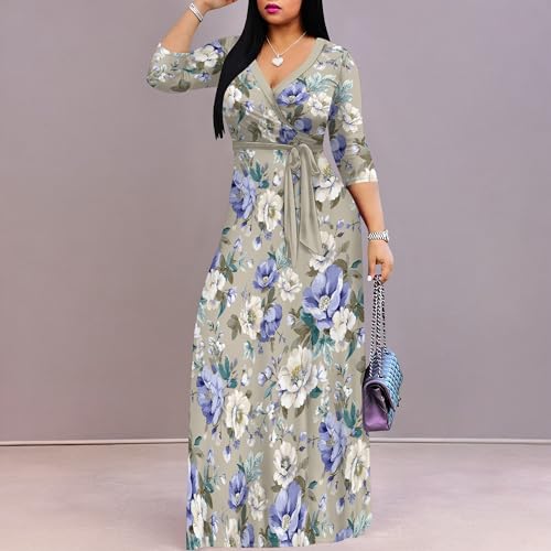 Image of PinkPatty Plus Size Maxi Dresses for Women Casual Flowy Long Dress 3 /4 Sleeve V Neck Wrap Dress with Belt