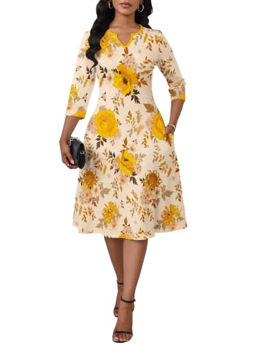 Image of PinkPatty Women's Casual 3 /4 Sleeve Midi Dresses Fit and Flare Church Work Dress with Pockets
