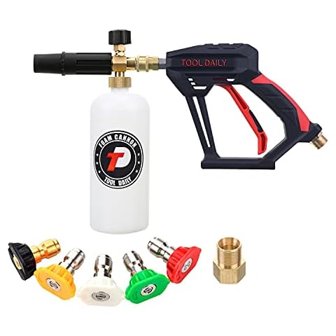 Tool Daily Short Pressure Washer Gun with Foam Cannon, 1/4 Inch Quick Connector, with 5 Pressure Washer Nozzle Tips, 1 Liter Cover