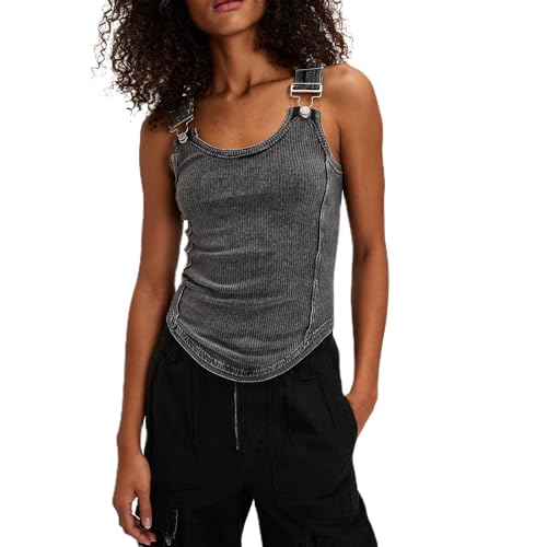 Amiblvowa Women Buckle Ribbed Tank Top Scoop Neck Sleeveless Cute Fitted Going Out Tops Free People Teen Girls Y2K Vintage Punk Grunge Tanks (Black, S)