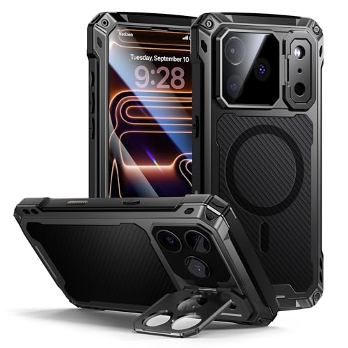 Lanhiem for iPhone 17 Pro Max Metal Case with Kickstand, Compatible with MagSafe, Built in Tempered Glass Screen Protector, Heavy Duty Shockproof Rugged Phone Cases, Full Body Tough Cover 6.9