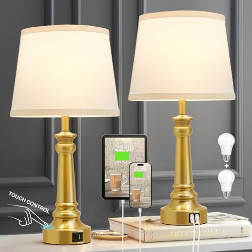 EJIAXIN Touch Lamps for Nightstand Set of 2 - Gold Table Lamp for Bedroom Dimmable Bedside Lamps with USB C+A Ports - Lamps for Night Stands Living Room End Table,2 LED Bulbs Included by EJIAXIN - Used condition - US$53.99