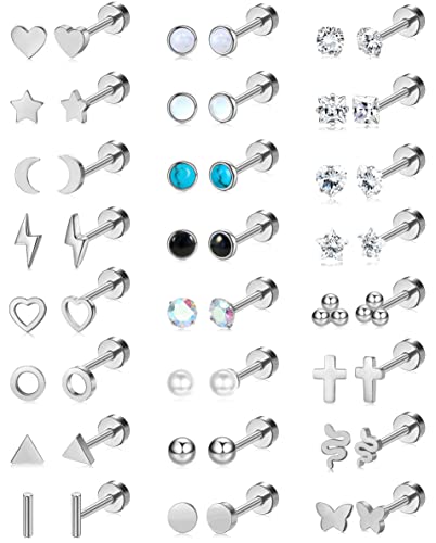 24 Pairs Flat Back Earrings Hypoallergenic Surgical Stainless Steel Earrings Set Small Gold Plated Flat Back Stud Earrings for Women Men Tiny Cartilage Helix Screw Back Flatback Earrings Studs