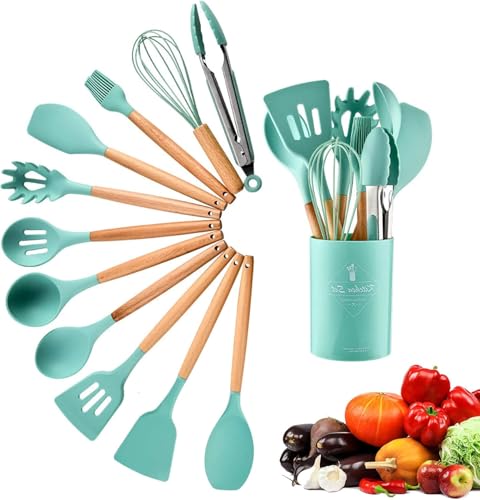 USAE 14 PCS Silicone Kitchen Utensil Set - Heat-Resistant Cooking Utensils with Wooden Handles - BPA-Free Nonstick Dishwasher Safe - Spatula Ladle Whisk & More (GREEN)