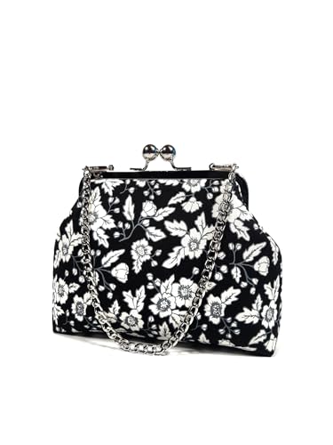 Pretty Black and White Floral Clutch Bag, Vintage Style Kisslock