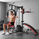 Soozier All-in-One Home Gym System, Multi Gym Workout Station with Weight Stack, LAT Pull Down, Sit up Bench, Push up Stand, Adjustable, for Full Body Training