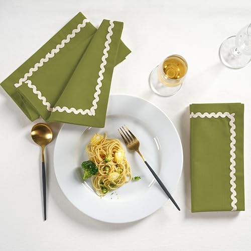 Image of FINGERCRAFT Cloth Napkins Set of 6, 18x18 Inch, 100% Cotton Table Napkins with RIC Rac Scallop Lace Trim, Reusable Washable Dinner Napkins for Wedding, Party, Dining & Home Decor (Olive)