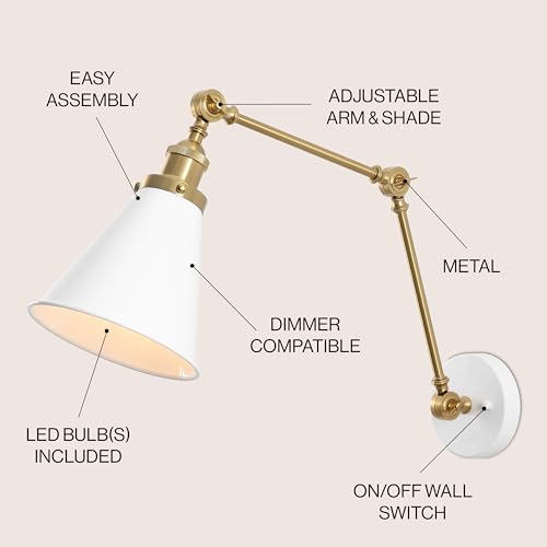 JONATHAN Y 7" White/Brass Gold Classic Industrial Metal Adjustable Arm LED Wall Sconce for Bedside Reading, Farmhouse Swing Arm Wall Lamp with Metal Shade, Hardwired (JYL7462B) by JONATHAN Y - Image 3