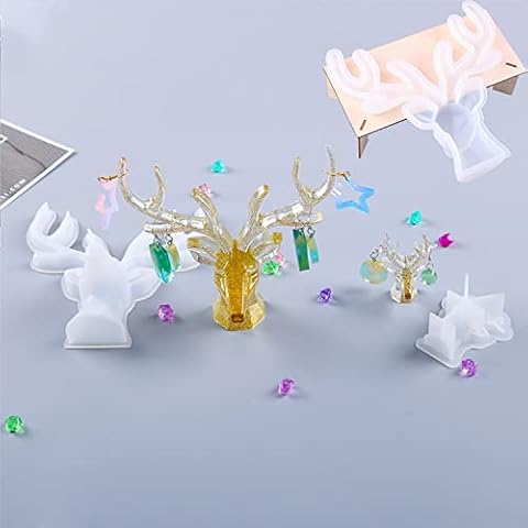 Silicone Christmas Elk Resin Mold Deer Antler Mold with Wooden Support for Christmas Deer Crafts Jewelry Earrings Frame DIY, Chocolate Candlestick Casting Art Crafts Christmas Home Party Supplies Cover