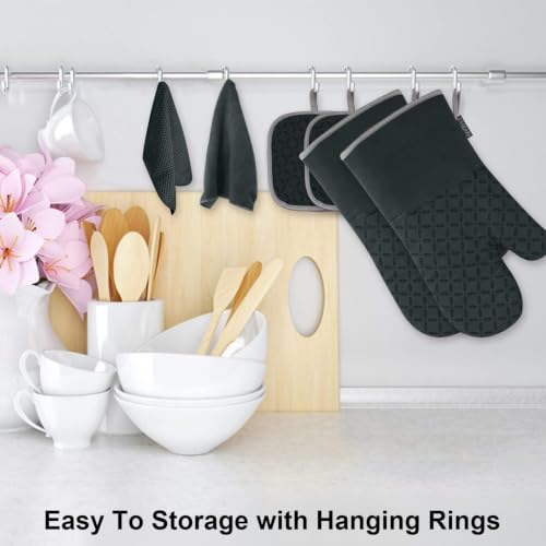 Image of KEGOUU Oven Mitts and Pot Holders 6pcs Set, Kitchen Oven Glove High Heat Resistant 500 Degree Extra Long Oven Mitts and Potholder with Non-Slip Silicone Surface for Cooking (Deep Green)
