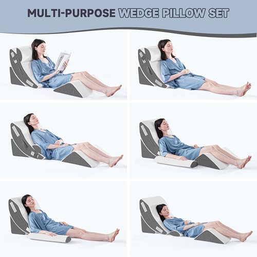 4PCS Orthopädische Bett Keil Kissen Set zum Schlafen, Post-Chirurgie Schaum Kissen für Körper, Rücken und Beine Schmerzlinderung, Dreieck verstellbare Stützkissen mit Säure Reflux Schlafkissen Grau