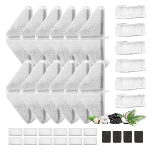 12 Sets of Replacement Filters for 230oz/7L Dog Water Fountain, GISOFIK Cat Water Fountain Filter, 5 Layers Filtration System Pet Fountain Filters Replacement (12 Filters+12 Mesh Bag+14 Sponge)