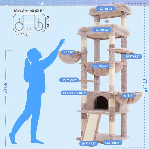 Image of Hey-brother Cat Tree Tower, Scratching Posts with Extra Large Platform and Basket, Specious Condo, 2 Cozy Hammocks, Scratch Board for Indoor Adult Cats, Maine Coon 71.7 inches, Muchroom MPJ080MU