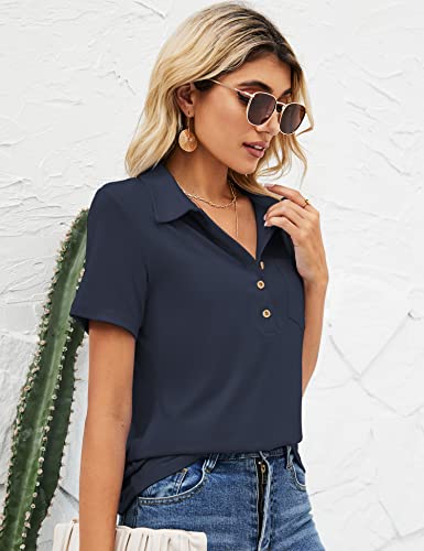 Tfsdod Womens Pocket Polo Shirts Button Down Collared Tunic Tops V Neck Work Casual Blouse Navy Blue S #TOP2