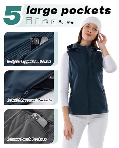 Outdoor Ventures Damen Softshell Westen mit Kapuze Leichte Fleece Gefütterte Ärmellose Jacke Wasserdichte Winddichte Weste Vest mit Zip up-Taschen Juwel Blau M