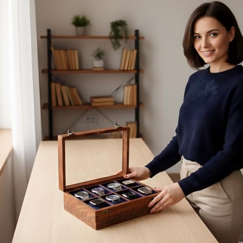 Image of Vintage Wooden Watch Box for Men, Timepiece Storage & Organizer, Display Case, Jewelry Box for Women, Gift for Husband (8 Grooves Engraved (Rosewood))