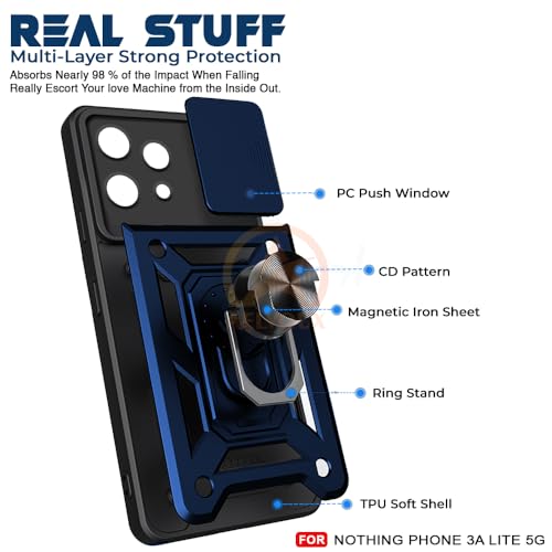 Image of Armor Bumper Back Cover Case for Nothing Phone 3A Lite 5G Rotating Camera Cover, Ring Holder & Kickstand | Heavy Duty & 360 Degree Protection Nothing Phone 3A Lite 5G Back Cover (Blue)