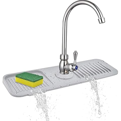 Kitchen Sink Splash Guard, Silicone Faucet Handle Drip Catcher Tray Fits the Faucet Tube within 2.5", Kitchen Sponge Holder Faucet Absorbent Sink Protectors Mat (17.7" x 5.5") Cover