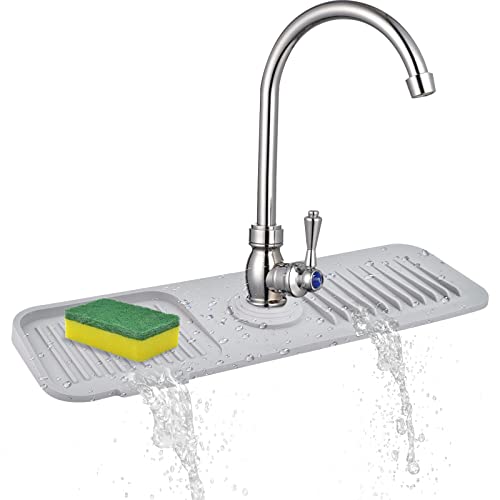 Kitchen Sink Splash Guard, Silicone Faucet Handle Drip Catcher Tray, Kitchen Sponge Holder Faucet Absorbent Sink Protectors Mat for Kitchen Bathroom Sink Accessories Grey17.7\" x 5.5\"