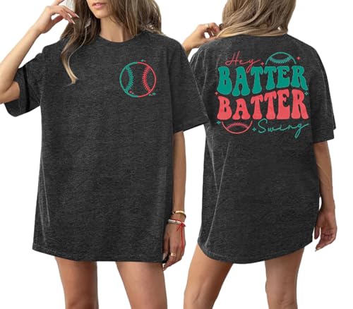 Baseball Shirts Women Oversized: Baseball Mom Tshirt Hey Batter Batter Swing Graphic Tee Ballparks Tops Grey