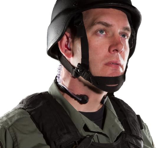 Person wearing the throat mic headset, showing the throat mic positioned on the neck and the acoustic tube earpiece in the ear.