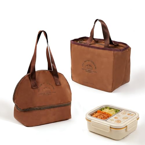 Mulaibdin 2 Piezas Bolsa Termica Porta Alimentos, Bolsa Comida Trabajo Impermeable Mujer, Lunch Bag Pequeña Portatil, Bolsa para Llevar Comida para Oficina,Viaje,Pícnic,Colegio (Caramelo)