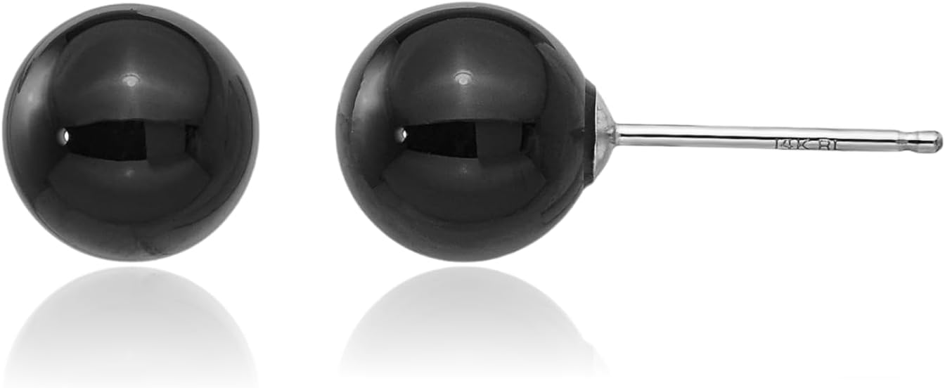IceCarats 14K Solid White Gold Black Onyx Large Ball Stud Earrings 8mm 0.3 inch Prong Set, Butterfly Back For Her