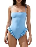 Sunloudy One Piece Ruffles Swimsuit Women Cut Out Back Monokini Bathing Suit Spaghetti Strap Square Neck Tummy Control Bikini(Sky Blue,Medium)