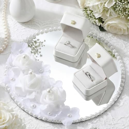 Liliaafar Wedding Mirror Tray with 2 Pcs Ring Boxes Mirrors Flat Circle Plates with Pearl Roses Design Trays for Table Centerpieces Wedding Party Centerpieces