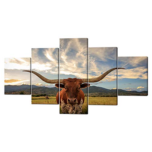 Yatsen Bridge 5 Piece Animal Hd Painting Canvas Prints Texas Longhorn Steer In Rural Utah Giclee Artwork Modern Framed And Stretched Wall Art Painting For Living Room Decor - 60''W X 32''H #TOP16