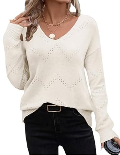 Zeagoo Suéter de Punto para Mujer Otoño Casual Cuello en V Tejido de Invierno Suéter Liso Beige M