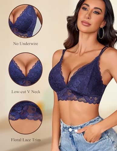 Image of Avidlove Bras for Women Floral Lace Bralettes Deep V Sexy Bras Cross Back Longline Bralette No Padded