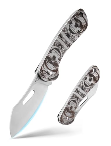 MecArmy EK3R EDC Pocket Folding Knife, Swedish SANDVIK 12C27 Steel Blade Hollowed-out Drop Blade Design, Stainless Steel Handle Pocket Clip, Outdoor Portable Camping Hiking Knife(Skull)