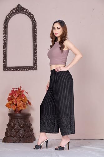 Image of VIVIKA Chikankari Palazzo Pants for Women |Rayon Wide Leg Ethnic Palazo with Embroidery | Comfortable Elastic Waist Women's Palazzo for Casual, Festive & Office Wear