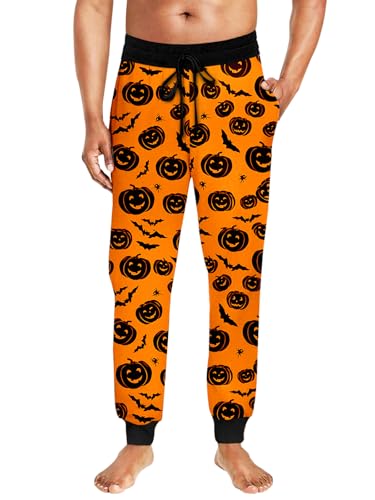 Jack O Lantern Pants for Men Pumpkin Print Pajama Pants Halloween High Waisted Drawstring Joggers L
