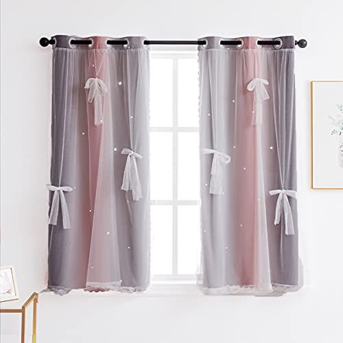 Yancorp Cortinas para dormitorio de niñas y niños, cortinas para oscurecer habitaciones, 2 capas, cortinas huecas para ventanas de estrellas, 160 cm de largo (rosa, gris, ancho 34 x largo 63)