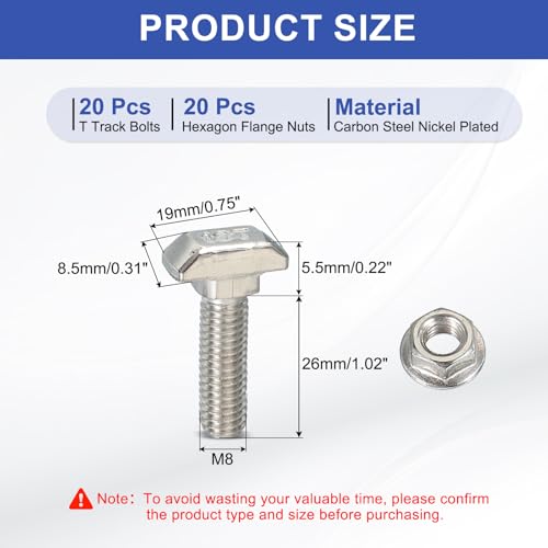 Image of PATIKIL M8 x 28 mm T-Slot Bolts, 20 Sets Drop-in Bolt Hammer Head with Hexagon Flange Nuts T-Bolt Stud Sliding Screw for 45 Series Aluminum Extrusion Profile, Silver