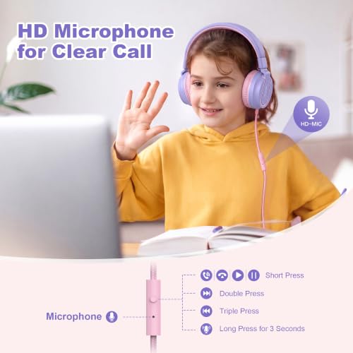 Image of AILIHEN I35 Kids Headphones for School with Mic, 93dB Safe Volume, Lilac | Wired On Ear Headphones for Kids Girls, Foldable Lightweight Headphone for Classroom Learning & Entertainment Travel Computer