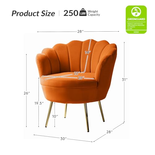Image of HULALA HOME Modern Velvet Accent Chair with Shell Shaped Back, Cute Living Room Bedroom Armchair Sofa Chair with Gold Legs, Comfy Upholstered Vanity Chair for Makeup Room, Orange