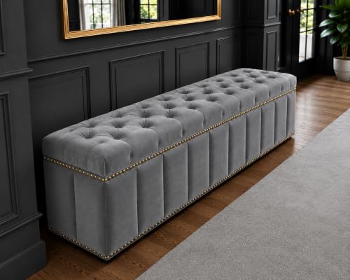 Image of Tufted Velvet Storage Ottoman Bench with Nailhead Trim (Grey) | Storage Ottoman bench