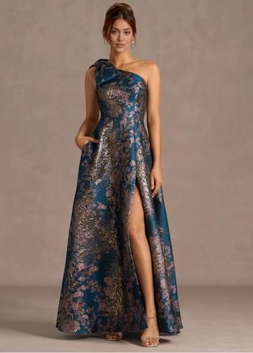 Image of Women's One-Shoulder Wedding Guest Dress A-Line Princess Ball Gown Jacquard Evening Gown Floral Brocade Prom Dress