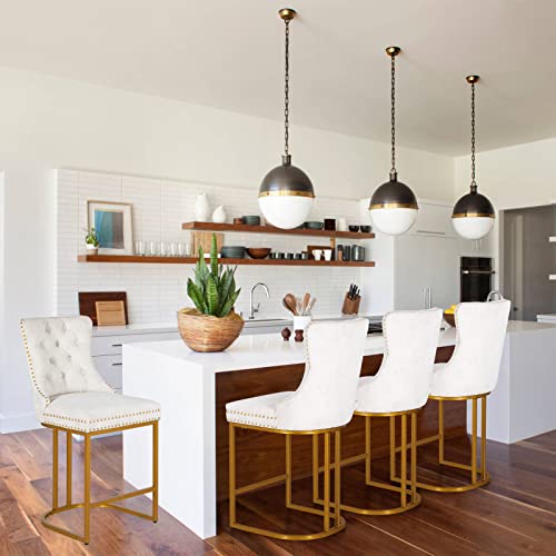 Sophia & William Counter Height 26" Tufted Bar Stools Set Of 4 For Kitchen Island,Modern Gold Polished Bar Chairs With Nailhead Trim And Tufted Back,Support 300Lbs,Beige #TOP6