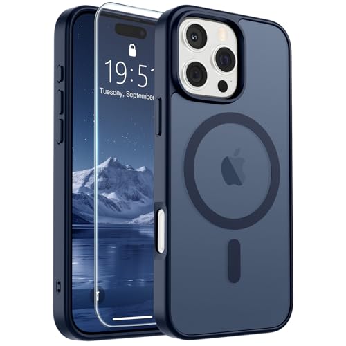 Image of SUPFINE Magnetic for iPhone 16 Pro Case with Screen Protector (Compatible with MagSafe) (Military Grade Drop Protection) Translucent Matte Shockproof Phone Cover,Dark Blue