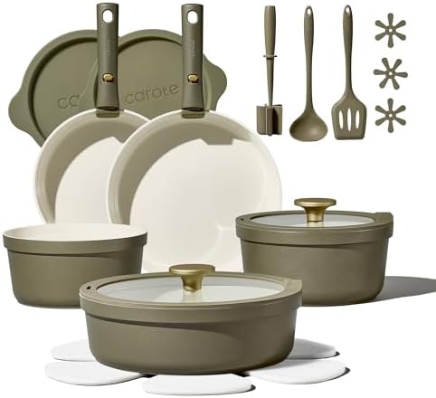 Carote 21pcs Ceramic Cookware Set with Detachable Handles, Pots a...