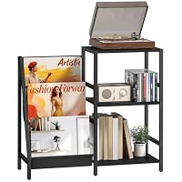HOMCOM Record Player Stand, 3-Tier Side Table with Vinyl Record Storage, End Table with 3 Oxford Cloth Magazine Racks for Living Room, Bedroom, Black Wood Effect