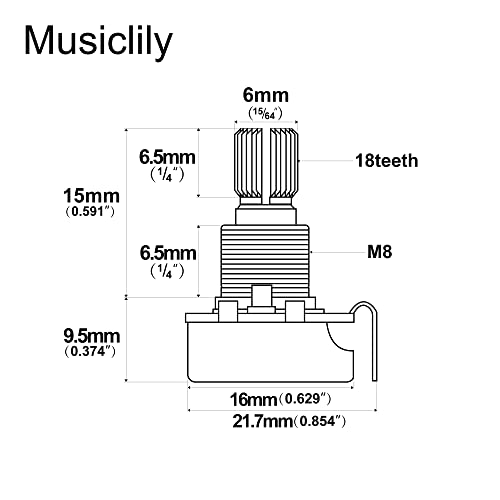 Musiclily B250K Mini Metric Coarse 18-Spline Split Short Shaft Pots Linear Taper Potentiometers for Electric Guitar Bass (Set of 2) - Image 2