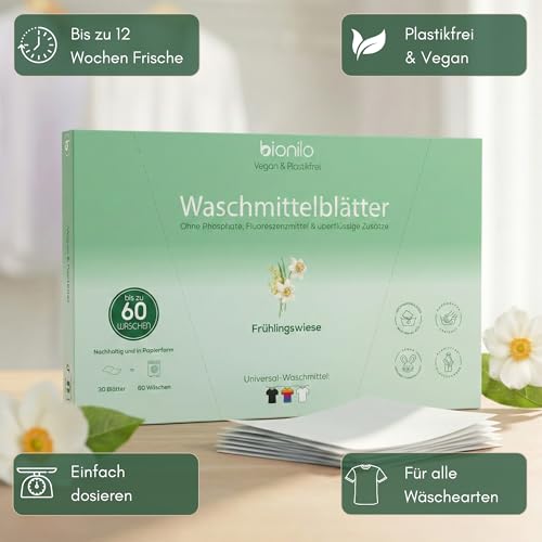 Bionilo Waschmittelblätter Frühlingswiese – 60 Waschgänge – Vegan Plastikfrei Biologisch Abbaubar – Nachhaltig Umweltfreundlich – Kompakt Reisegröße Waschmittel Blätter