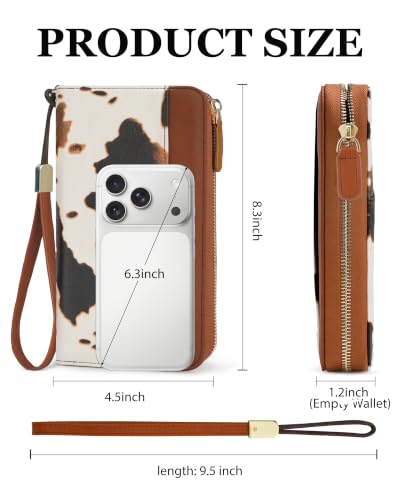 Image of Large Travel Wallet for Women (Brown Cow) | RFID Wallet for Women, Zipper Clutch Purse, Passport Holder for Travel, Multiple Card Slots, Phone Pocket, Wristlet Strap