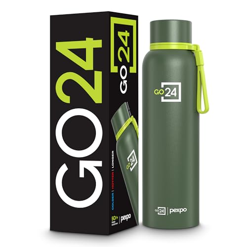 Go24 pexpo Insulated Water Bottle 1 LTR, Stainless Steel Leak Proof Flask, 24 Hours Hot & Cold, BPA Free Bottle for Gym, Office, Travel, 2-Year Warranty |Bravo 1000| Military Green