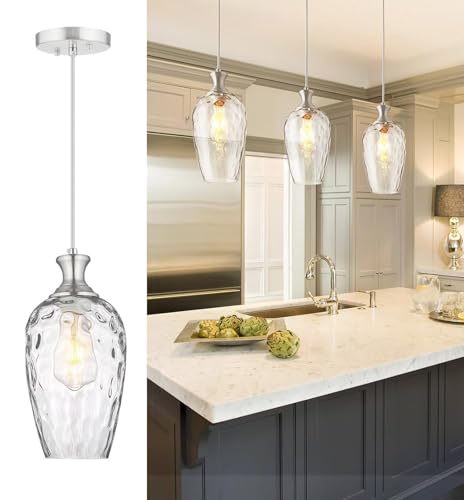 Riohan Lampade a Sospensione in Vetro per Isola Cucina, Lampadario 1 Luce in Cromo con Vetro Soffiato a Mano, Lampada a Sospensione in Stile Moderno Rustico per Cucina, Sala da Pranzo 16 * 30cm